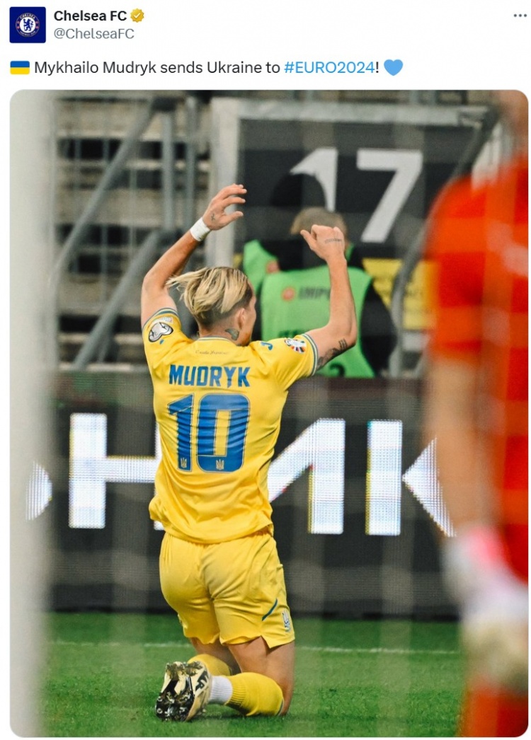 绝杀祝乌克兰晋级欧洲杯正赛，切尔西官方晒照祝贺穆德里克