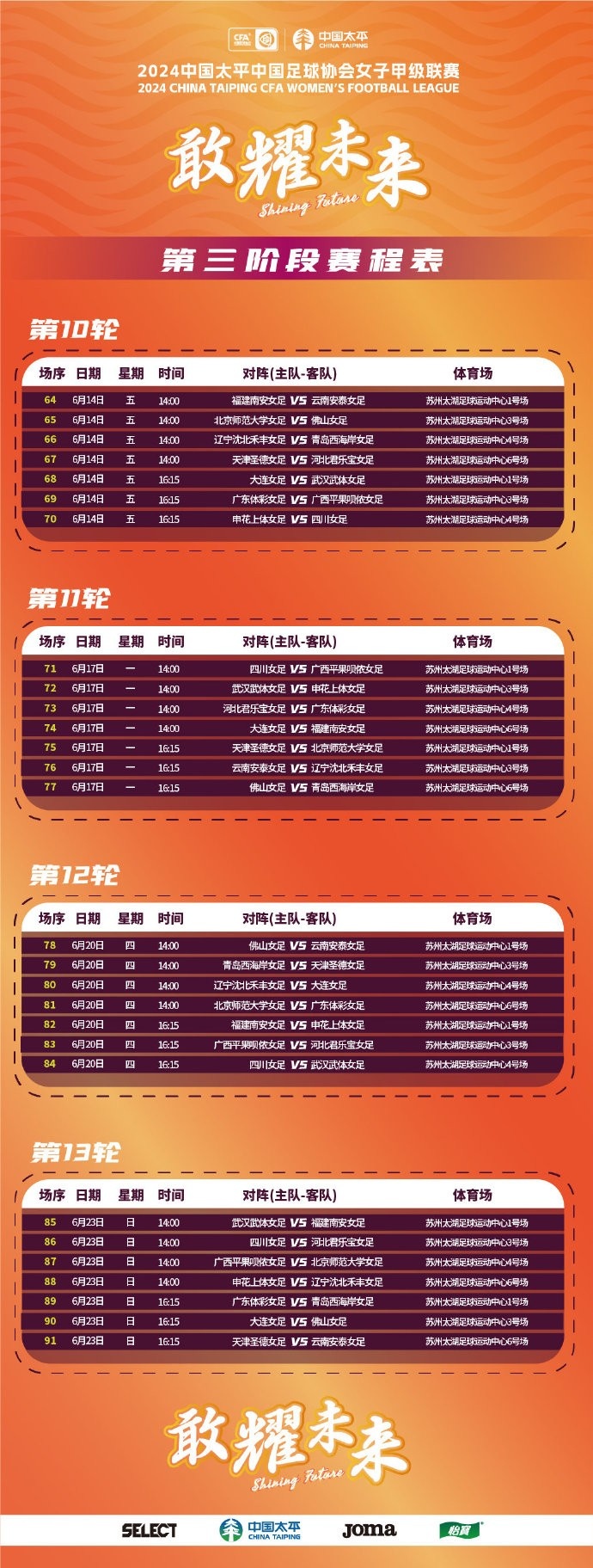2024年中国太平中国足球协会女甲联赛赛程表（第三阶段）​​​