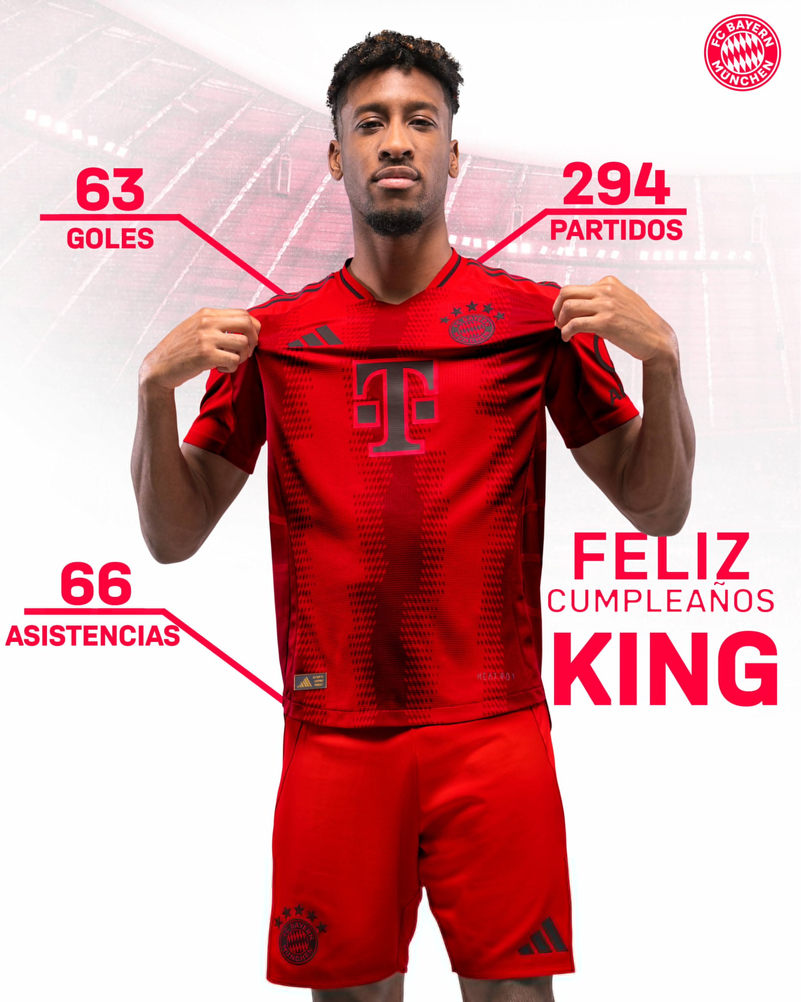 拜仁晒数据海报祝科曼28岁生日快乐，球员加盟以来294场63球66助