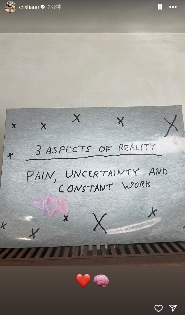 C罗晒照：现实的三个方面是，痛苦、不确定性和不断的工作