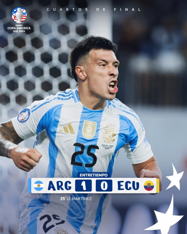 半场-阿根廷1-0厄瓜多尔 麦卡利斯特&利桑德罗头球连线破门
