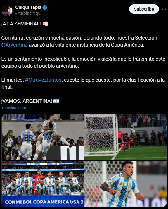 阿根廷足协主席塔皮亚社媒：凭借勇气&决心&激情，我们晋级4强！