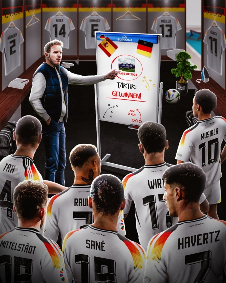 德国队发布对阵西班牙海报：纳格尔斯曼为球员们讲解战术