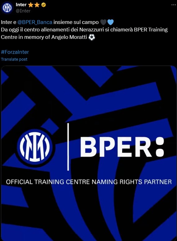 冠名协议达成！官方：国米训练中心改名为BPER训练中心